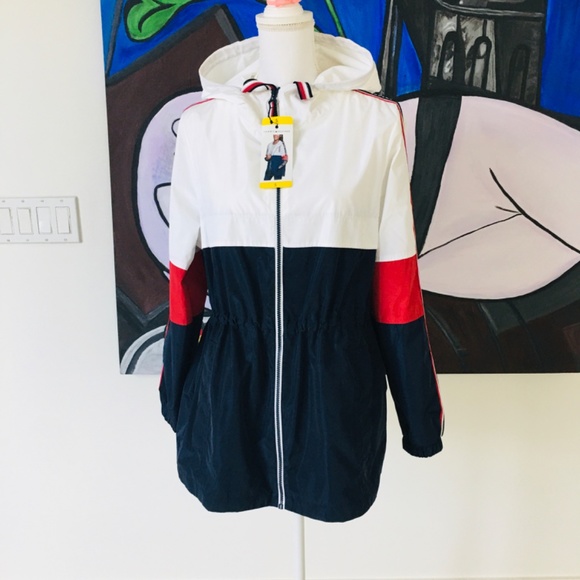 New Tommy Hilfiger Ladies' Long Windbreaker Logo Hooded Rain Jacket SIZE S - Picture 6 of 9